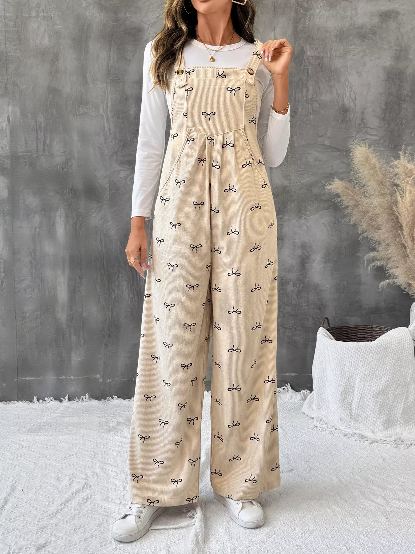 Bow Wide Leg Corduroy Overalls Apricot