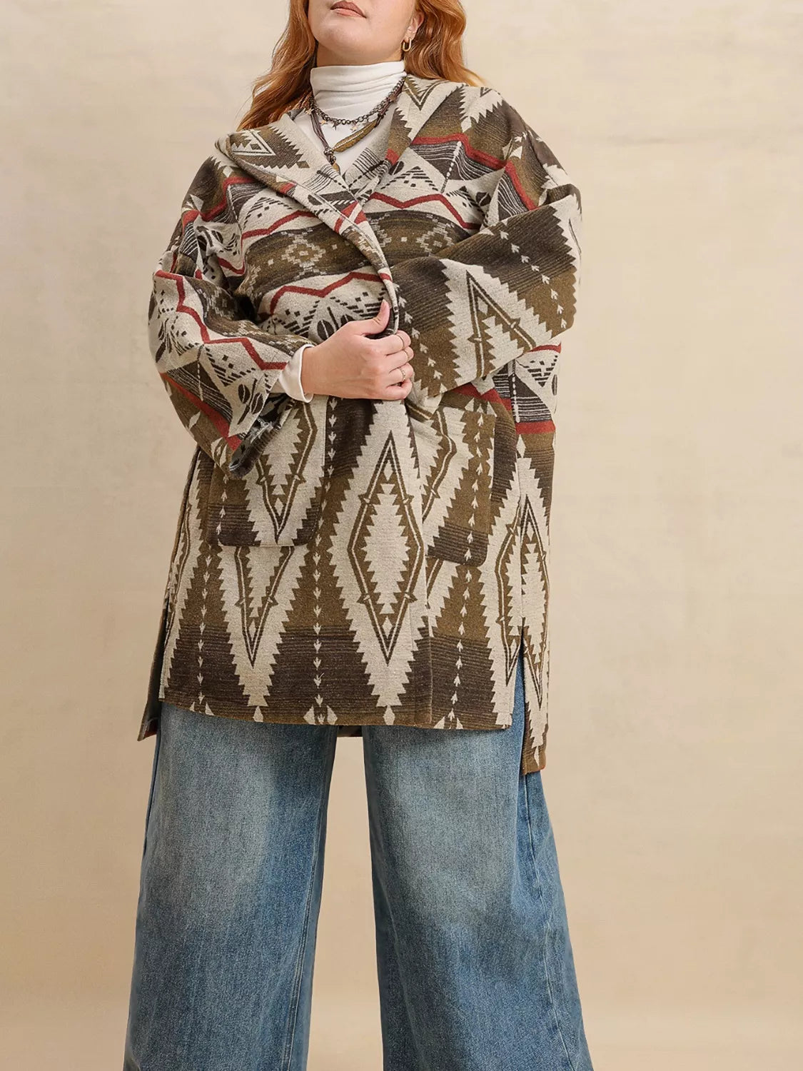 Plus Size Aztec Print Hooded Open Front Cardigan