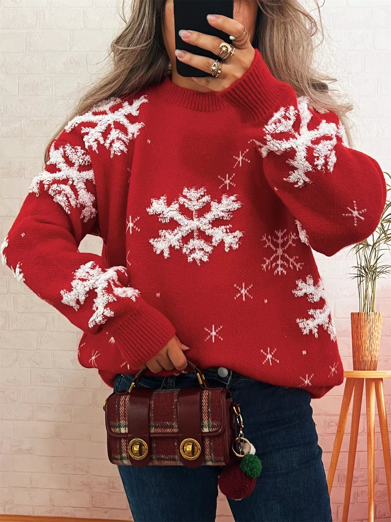 Snowflake Ribbed Hem Long Sleeve Sweater Rust One Size