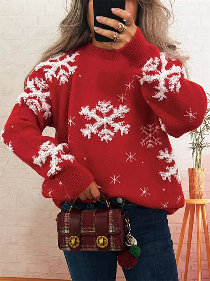 Snowflake Ribbed Hem Long Sleeve Sweater Rust One Size