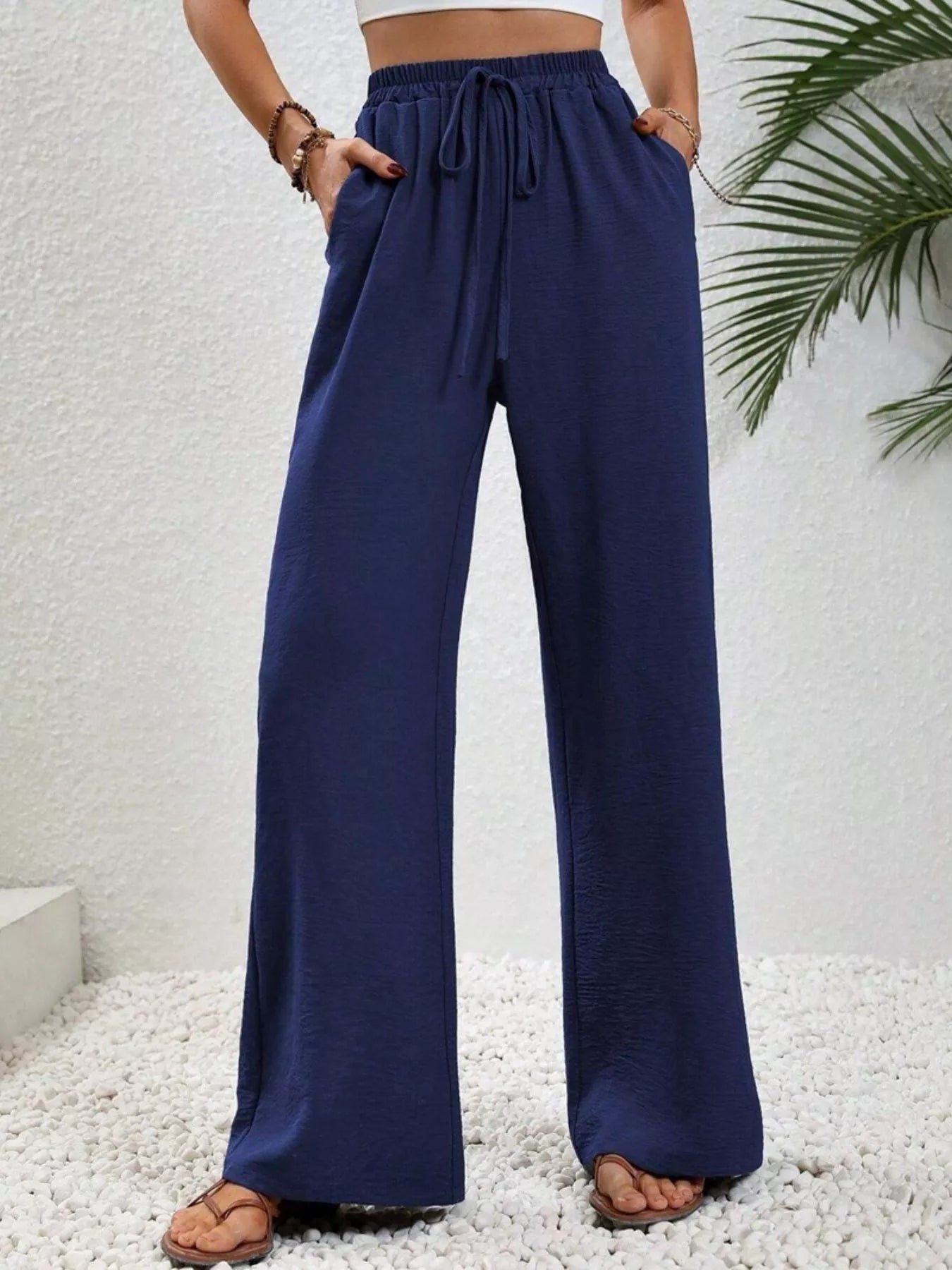 Casual Drawstring Wide Leg Pants Navy