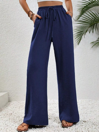 Casual Drawstring Wide Leg Pants Navy