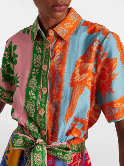 Printed Short Sleeve Tie Waist Romper Multicolor