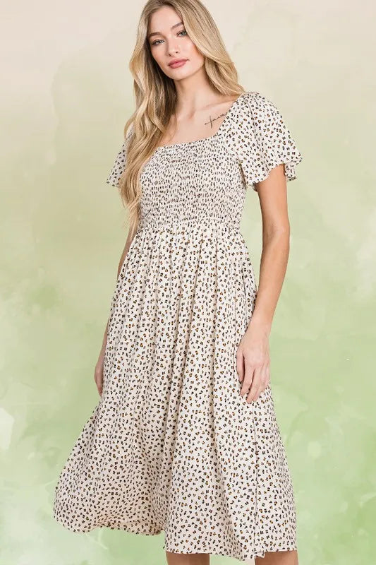 Lime 'N' Chili Ditsy Leopard Print Square Neck Smocked Midi Dress