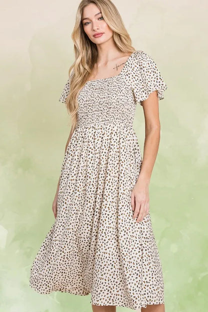 Lime 'N' Chili Ditsy Leopard Print Square Neck Smocked Midi Dress