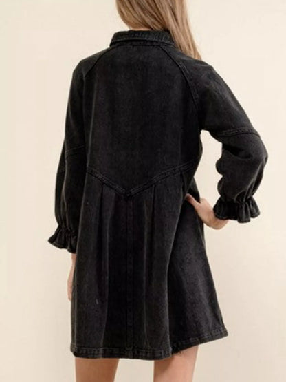 Ruffled Cuff Button-Down Denim Dress