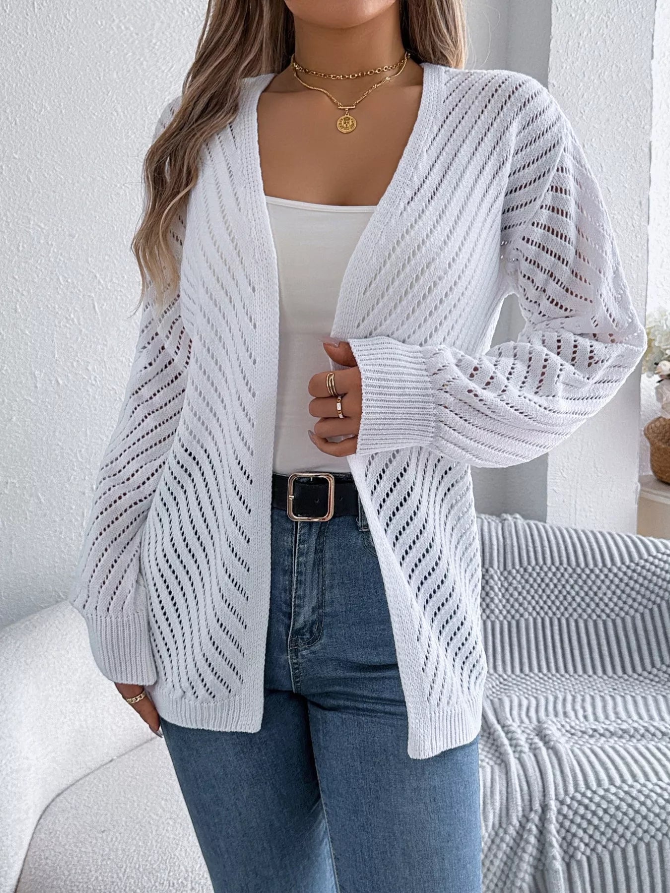 Openwork Open-Front Long Sleeve Cardigan