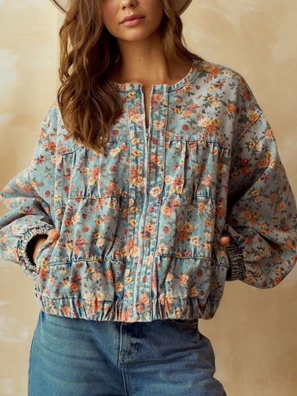 Floral Print Zip Up Cropped Denim Jacket Floral