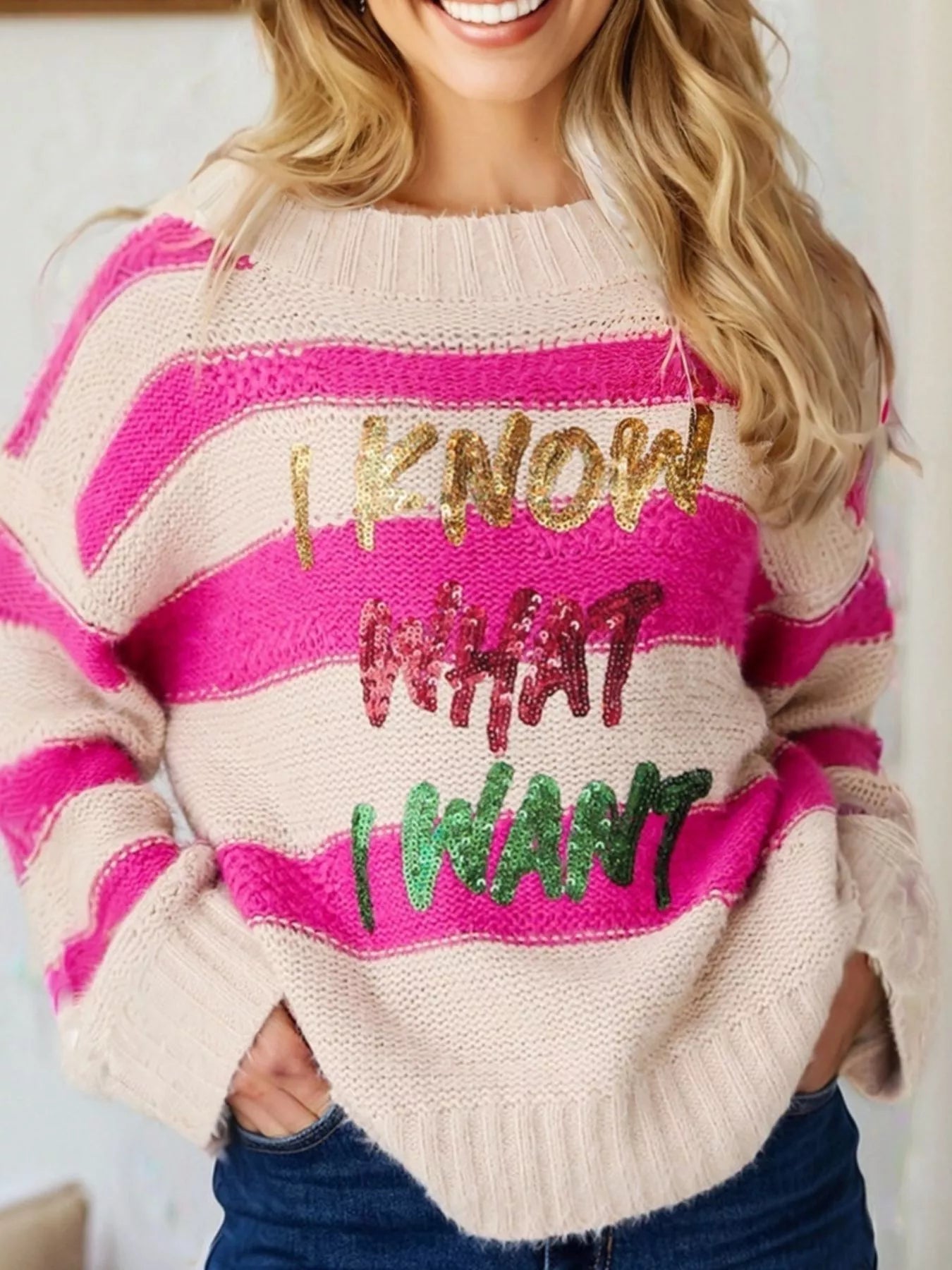 Sequin Letter Graphic Colorblock Loose Sweater