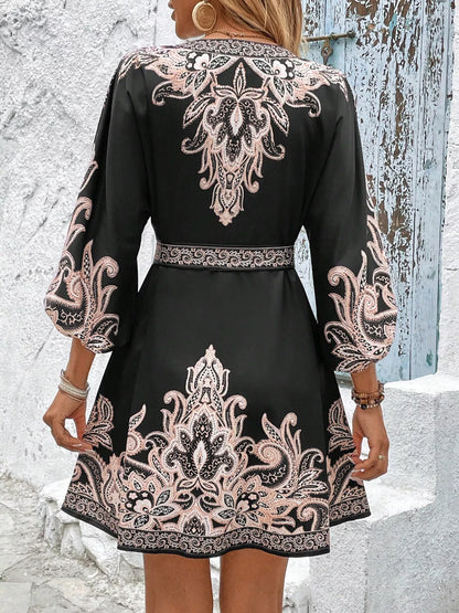 Printed Balloon Sleeve Mini Dress
