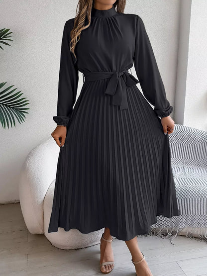 Mock Neck Pleated Midi Dress
