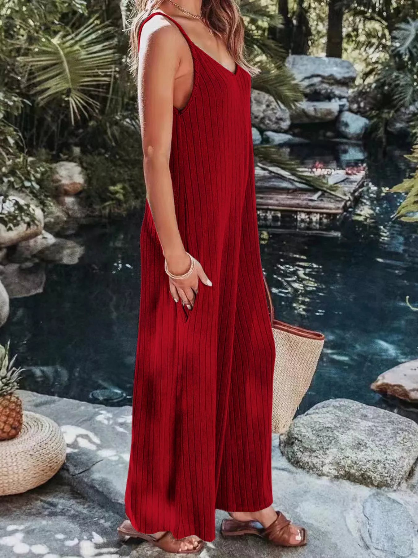 Ribbed V-Neck Wide Leg Jumpsuit