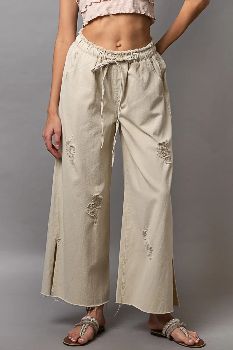 POL Distressed Drawstring Slit Wide leg Pants Cream