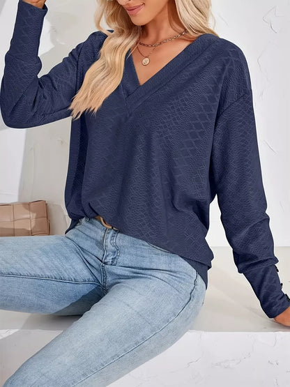 Plus Size V-Neck Textured Long Sleeve T-Shirt Navy Blue