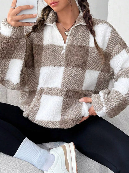 Full Size Plaid Sherpa Long Sleeve Sweatshirt Plus Size Brown