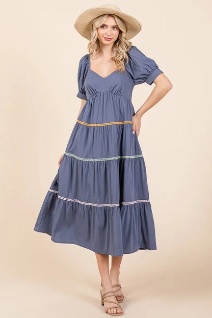 Lime 'N' Chili Trim Detail Puff Sleeve Tiered Maxi Dress