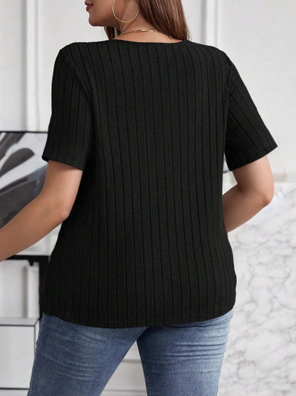 Plus Size V-Neck Short Sleeve Ribbed T-Shirt