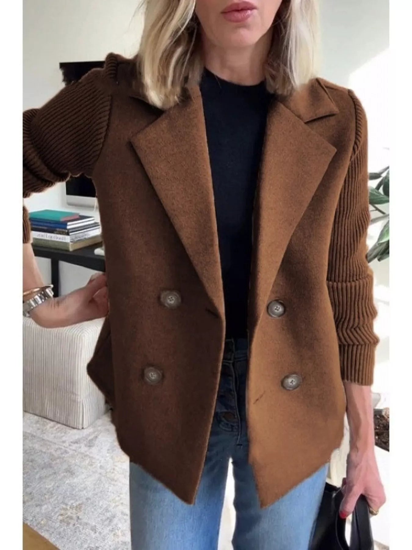 Full Size Knitted Sleeve Wool Blend Double-Breasted Blazer Plus Size Chocolate