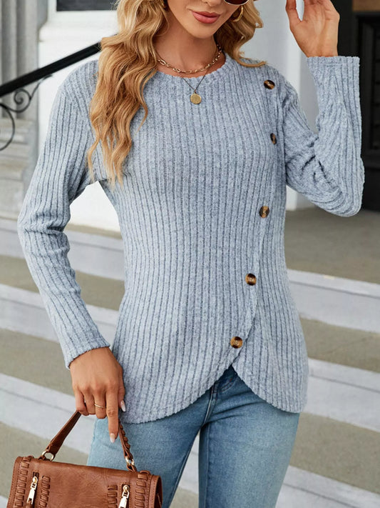 Ribbed Knit Decor Button T-Shirt Light Blue