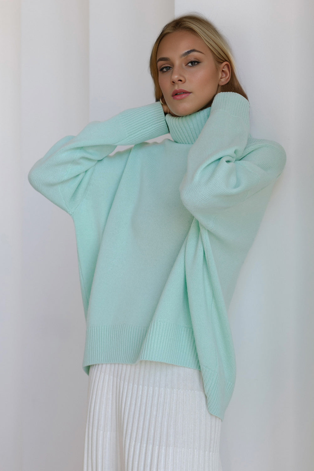 Back To School Sweater - Basic Bae Turtleneck Dropped Shoulder Long Sleeve Sweater Pastel Blue One Size