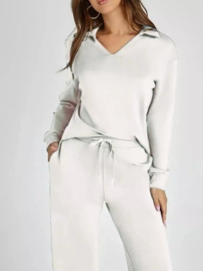 Full Size Johnny Collar Long Sleeve Top and Pants Plus Size