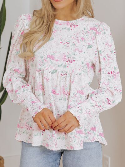 Printed Round Neck Long Sleeve Blouse Blush Pink