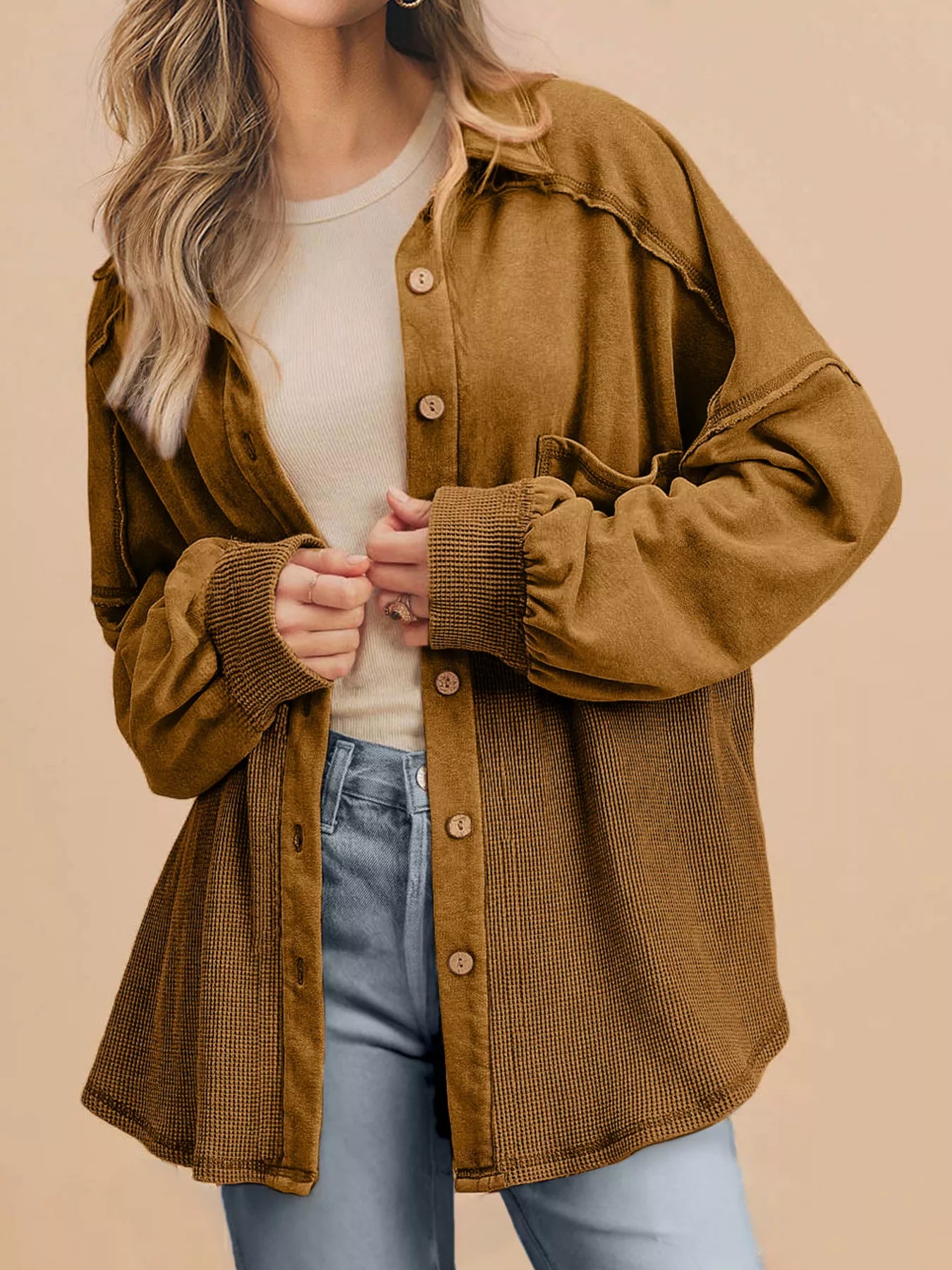 Waffle Knit Patchwork Exposed Seam Loose Shacket Caramel