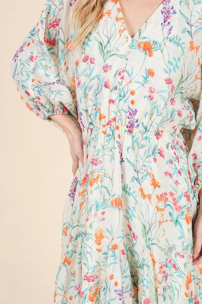 Lime 'N' Chili Floral Cinched Waist Balloon Sleeve V-Neck Dress