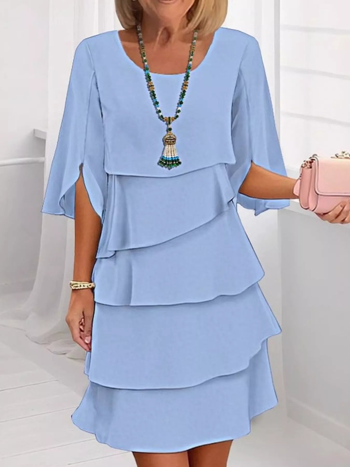 Full Size Ruffled Layered Flutter Sleeve Dress Plus Size Light Blue