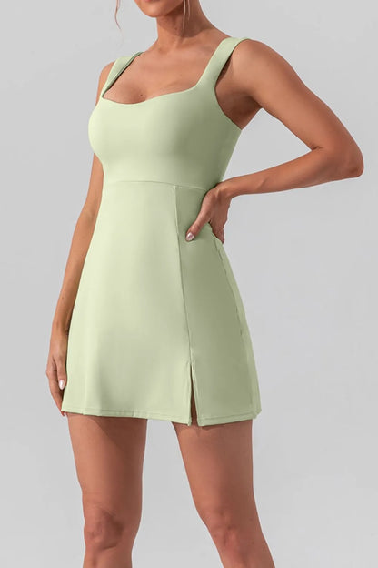 Square Neck Sleeveless Slit Mini Active Dress Light Green
