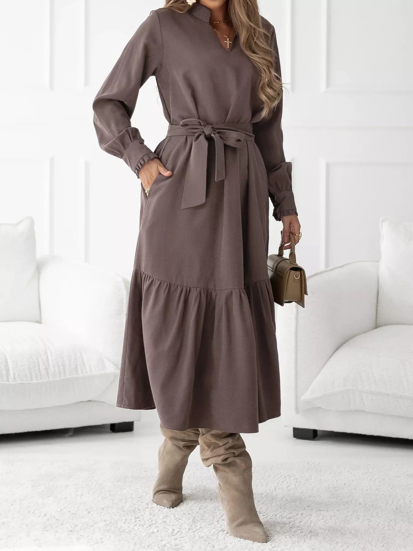 Long Sleeve Tie Waist Ruffle Hem Midi Dress