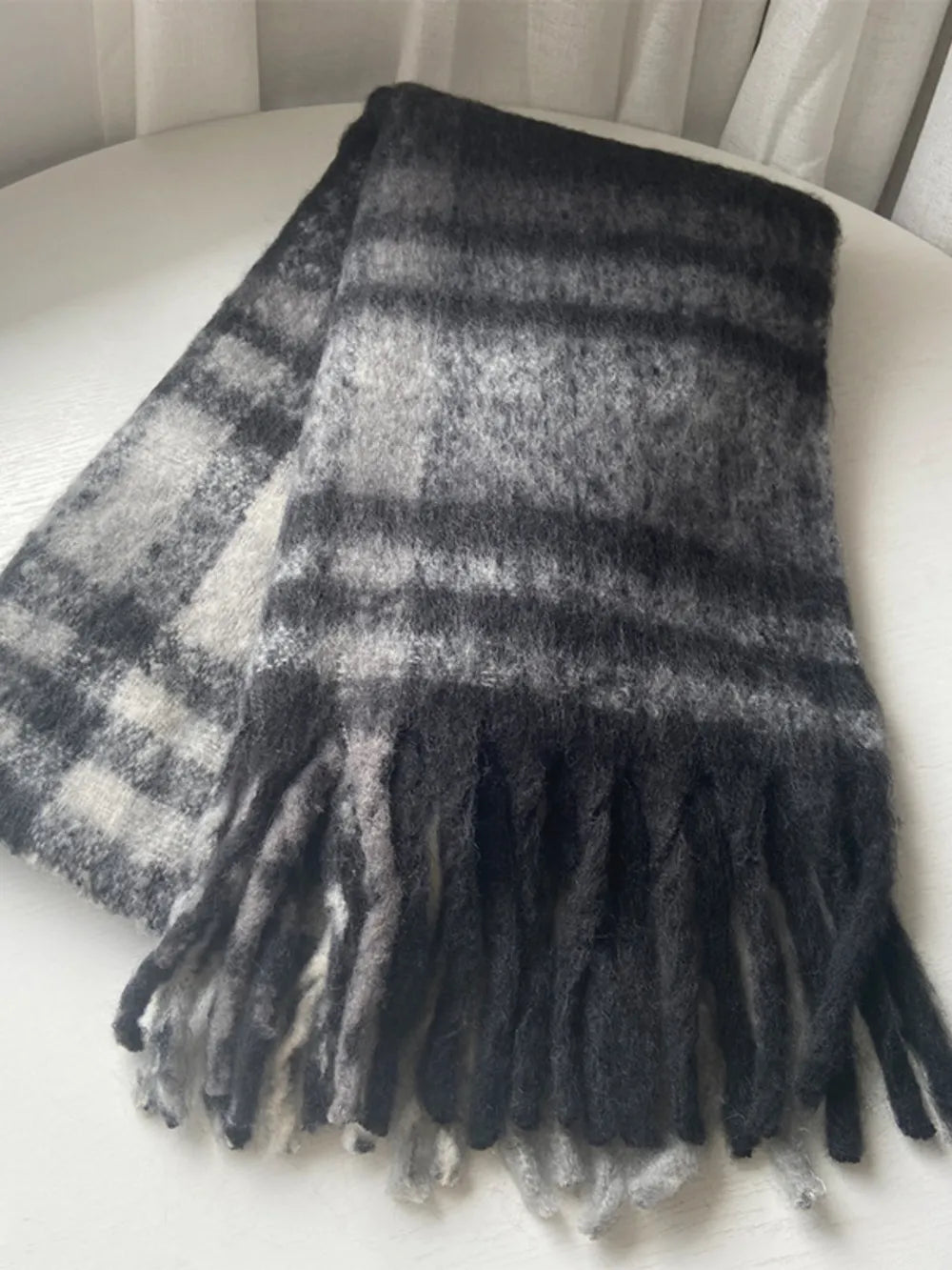 Fringe Plaid Polyester Scarf Black White Gray plaid One Size