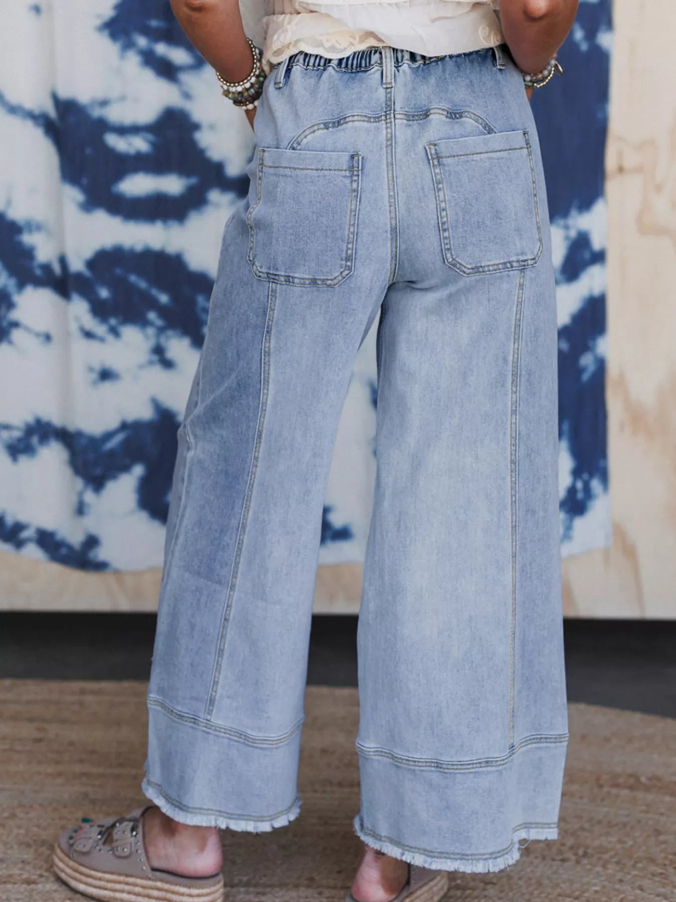Wide Leg Drawstring Raw Hem Jeans