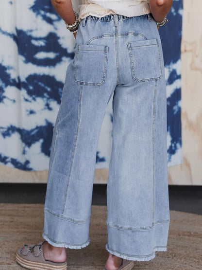 Wide Leg Drawstring Raw Hem Jeans