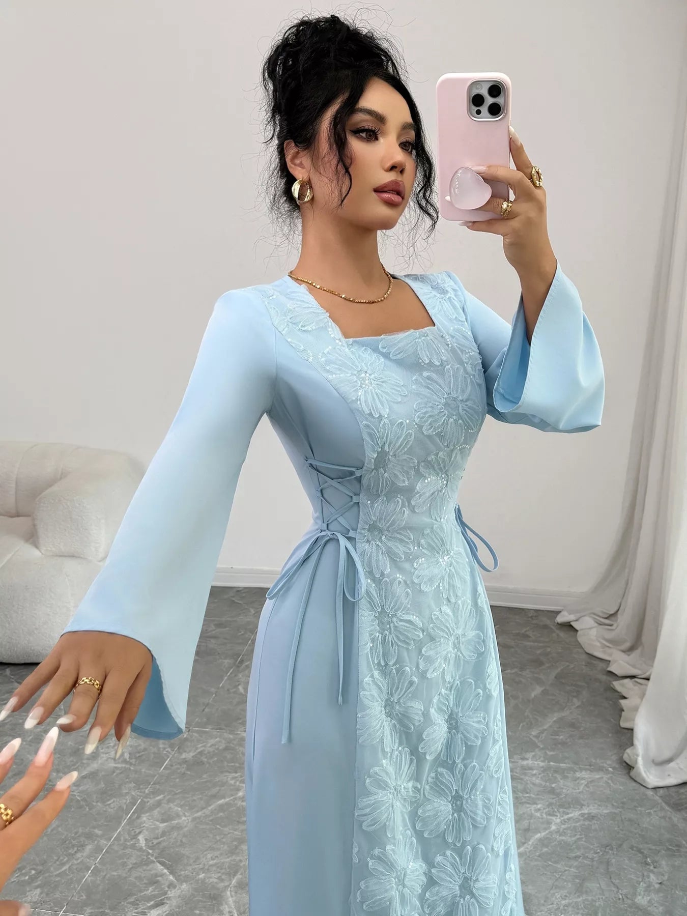 Lace Up Square Neck Long Sleeve Maxi Dress