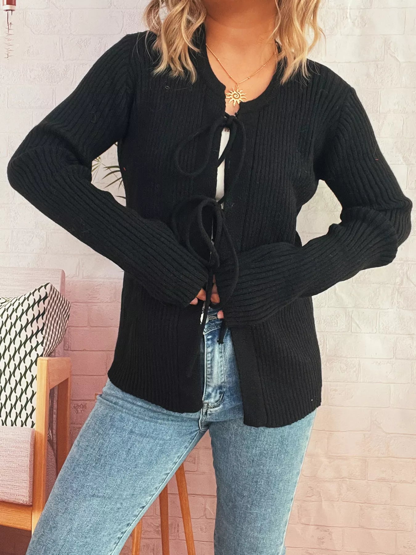 Ribbed Tie Front Long Sleeve Cardigan Black One Size