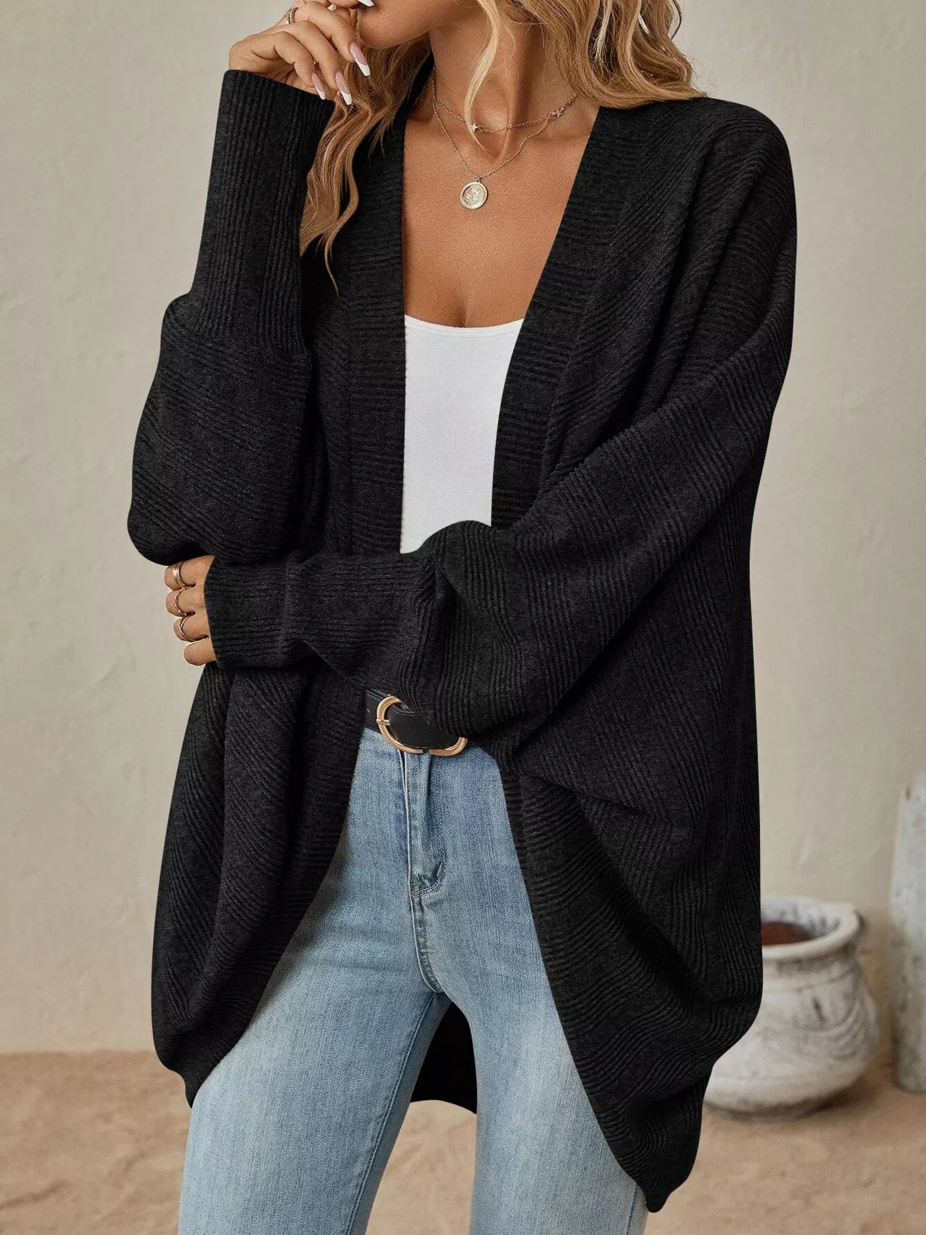 Cozy Oversized Open Front Knit Cardigan Black