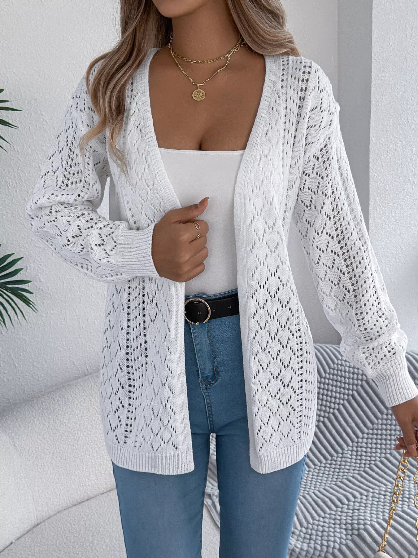 Openwork Open-Front Long Sleeve Cardigan
