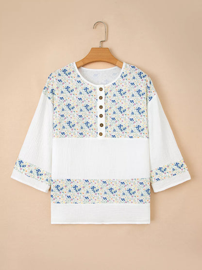 Floral Print Henley Button 3/4 Sleeve Blouse