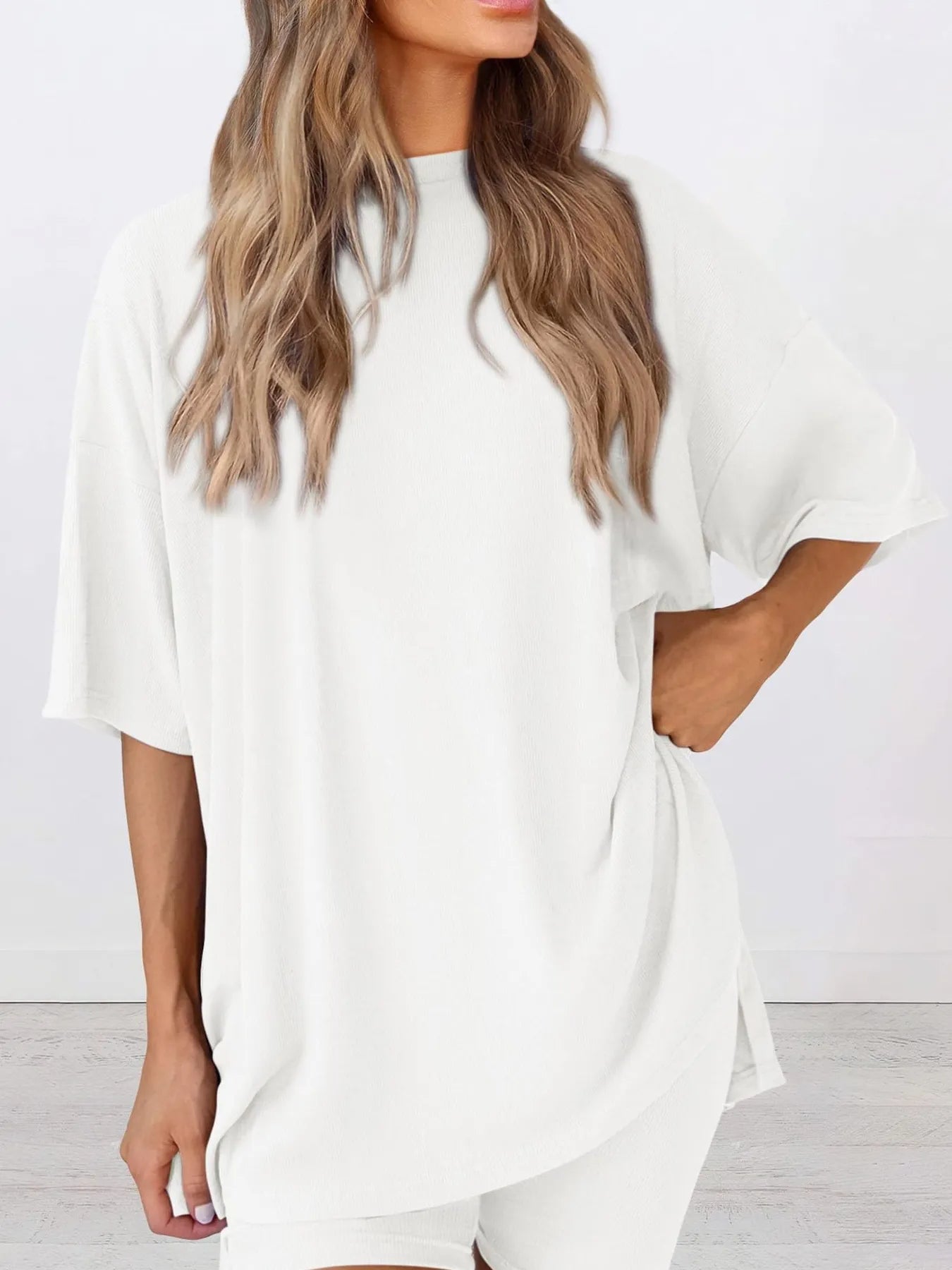 Full Size Oversized Slit Round Neck Top and Shorts Lounge Set Plus Size