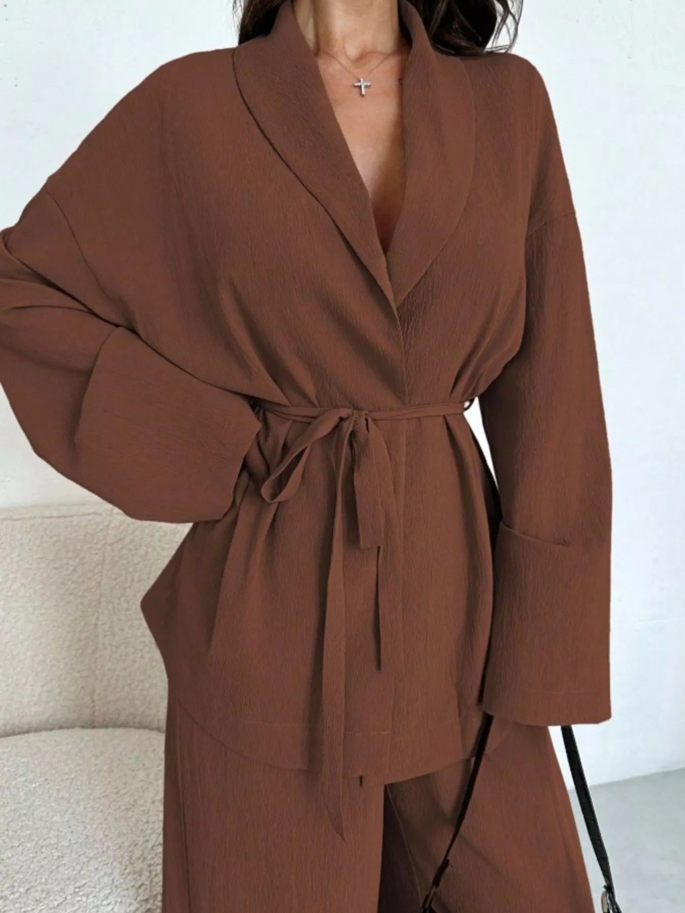 Front Tied Shirt and Wide-Leg Pants Set