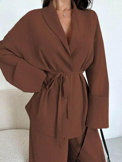 Front Tied Shirt and Wide-Leg Pants Set