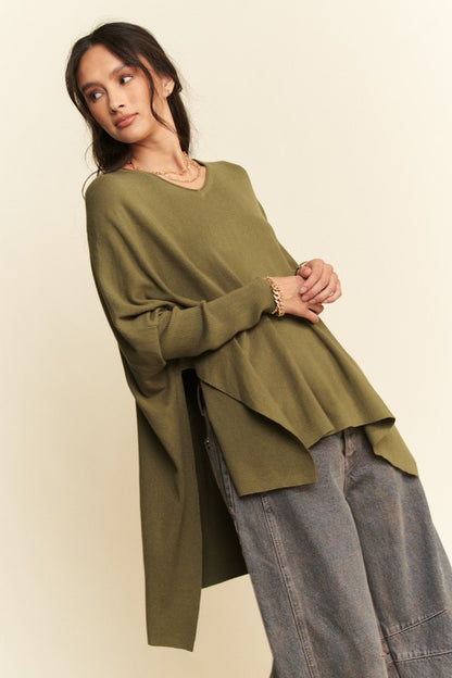 Back To School Sweater - Davi & Dani High-Low Side Slit Batwing Sleeve Top