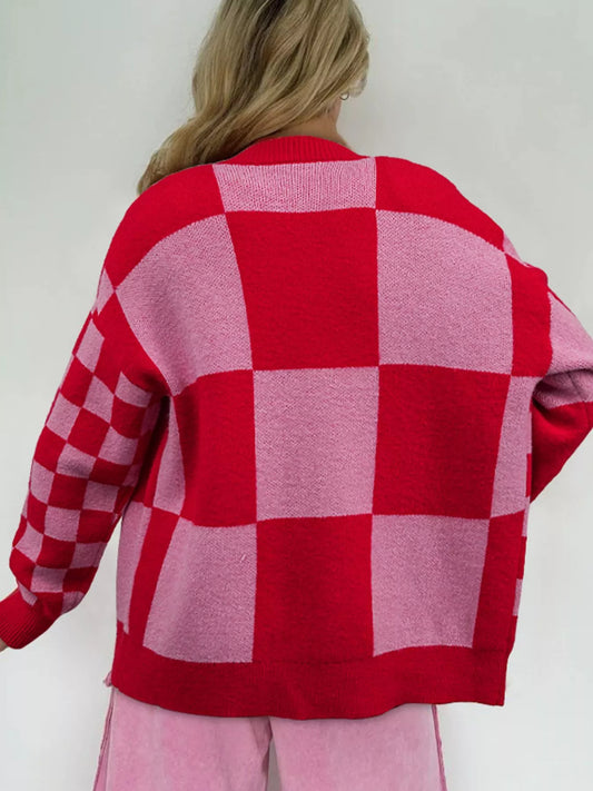 Checkerboard Knit Button-Down Cardigan