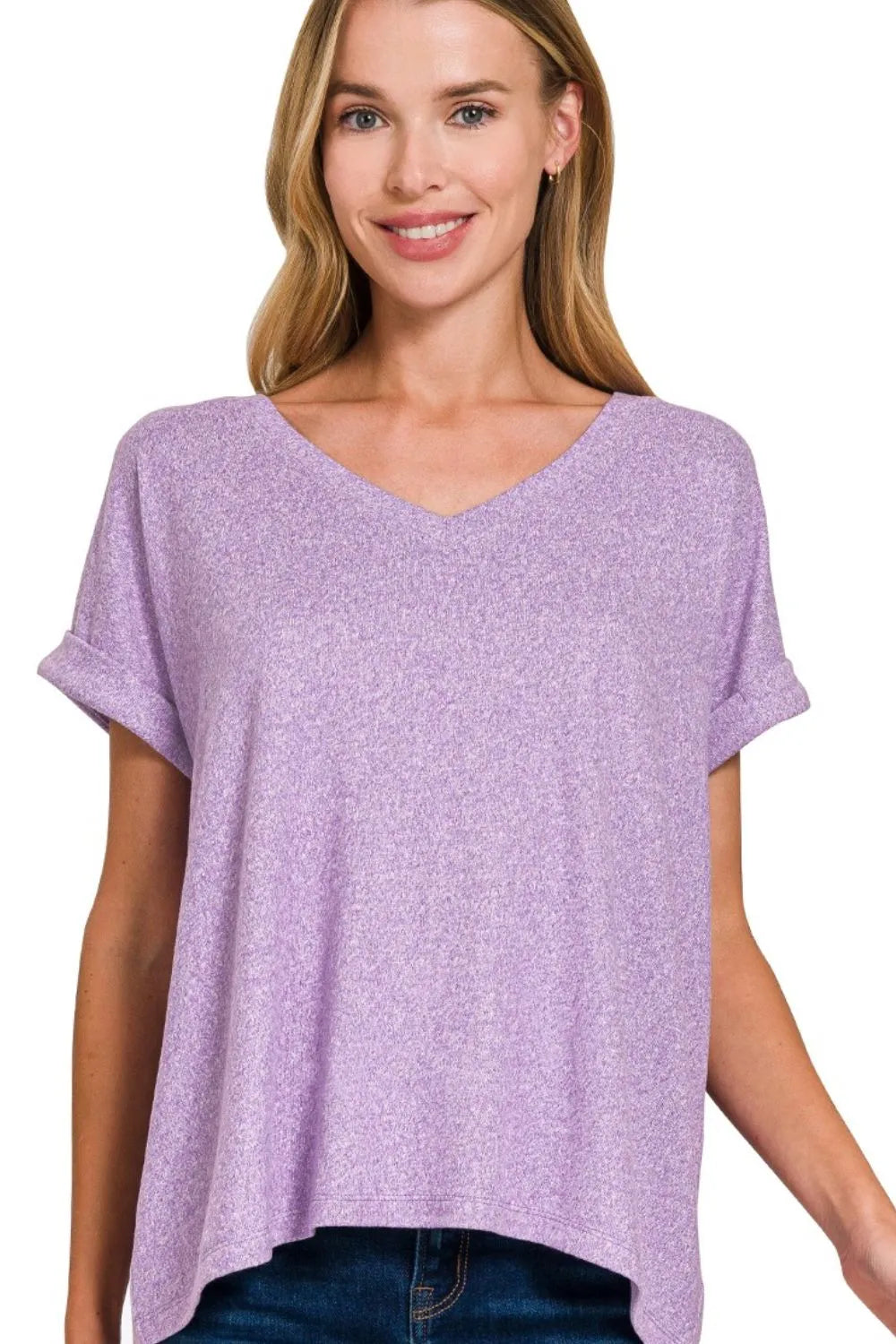Zenana Soft Melange Hacci V-neck Tee LAVENDER