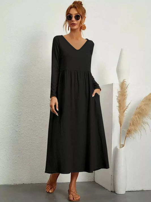 V-Neck Long Sleeve Midi Dress