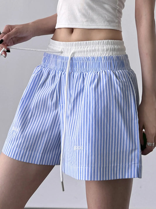 Striped Drawstring Waist Casual Shorts Blue