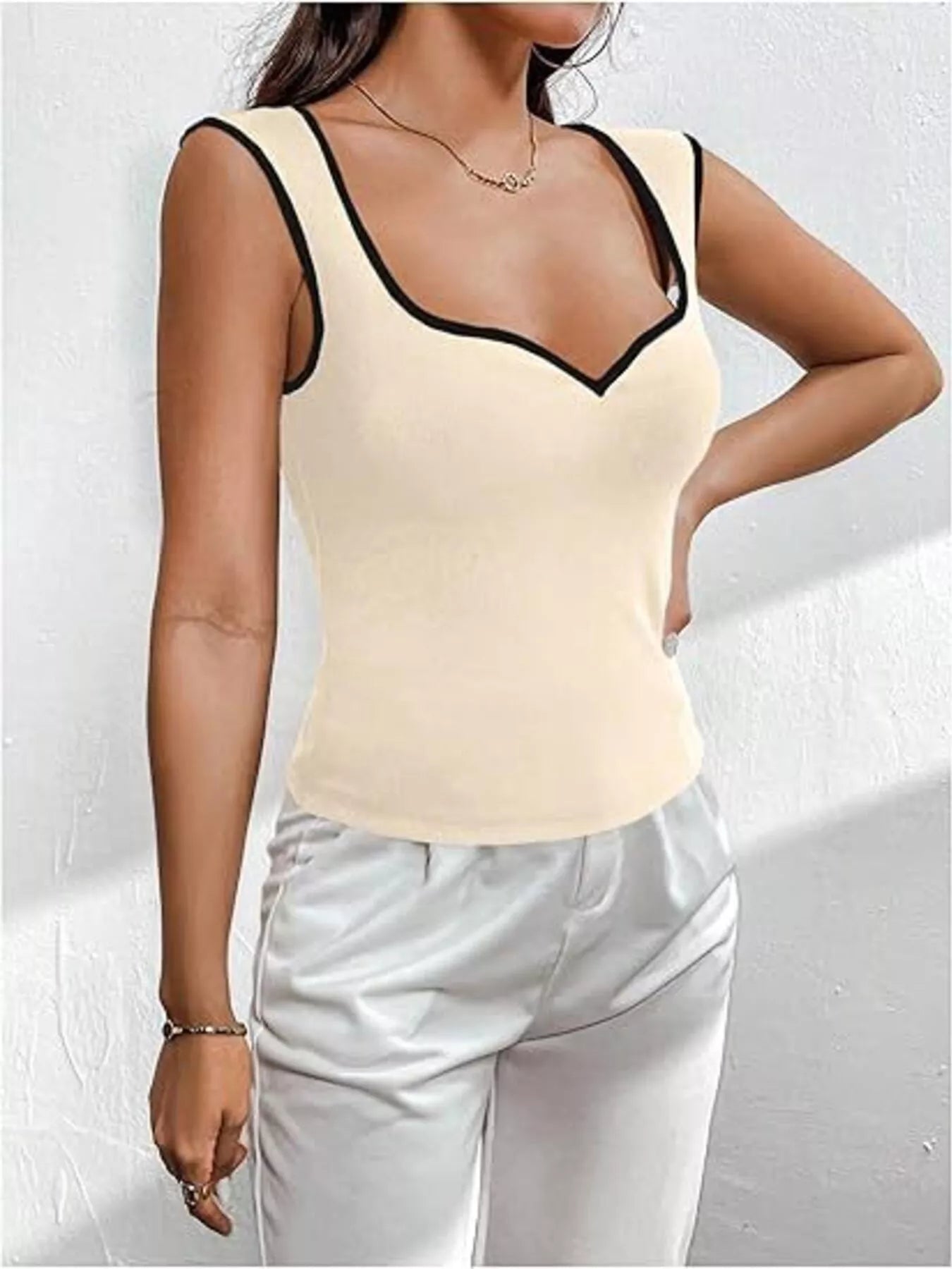 Contrast Trim Sweetheart Neck Knit Tank