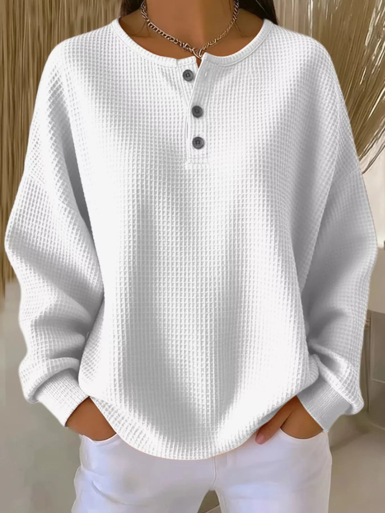 Full Size Waffle Knit Button Detail Top Plus Size Gray white