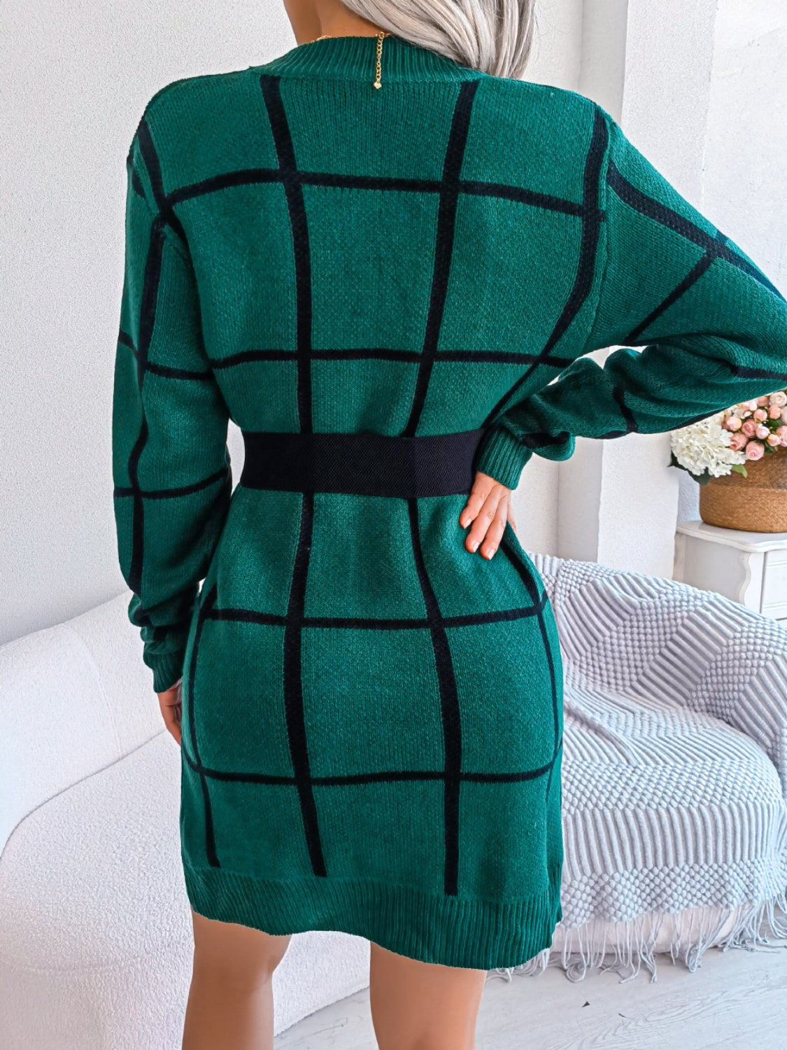 Plaid Round Neck Dropped Shoulder Sweater Dress Lady Ros Plaid Round Neck Dropped Shoulder Sweater Dress Lady Ros